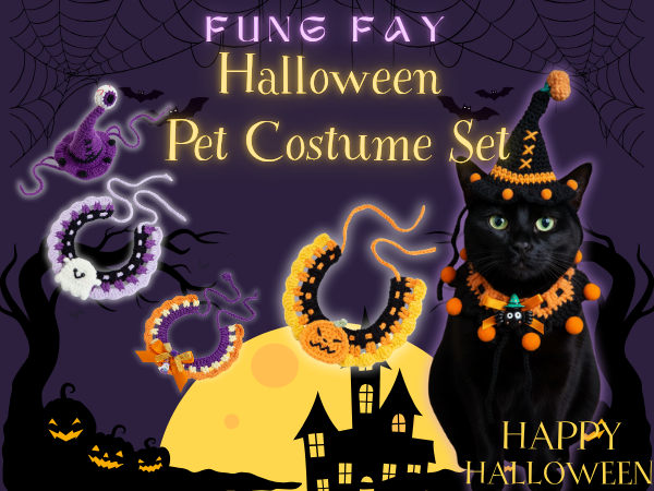 Halloween Pet Costume Set – Handmade Crochet Witch Hat and Collar with Spider Charm, Halloween Dog Cat Outfit Accessories for Party & Dress Up