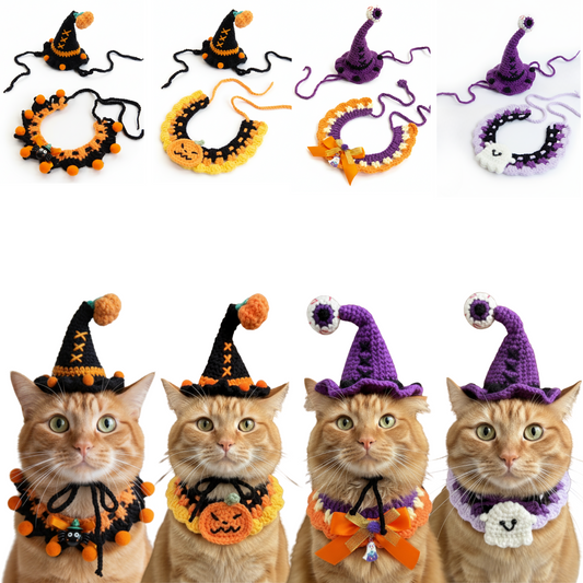 Halloween Pet Costume Set – Handmade Crochet Witch Hat and Collar with Spider Charm, Halloween Dog Cat Outfit Accessories for Party & Dress Up