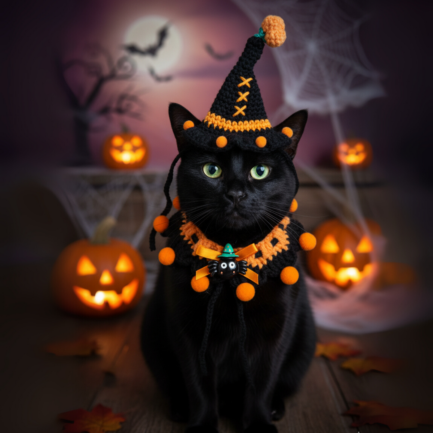 Halloween Pet Costume Set – Handmade Crochet Witch Hat and Collar with Spider Charm, Halloween Dog Cat Outfit Accessories for Party & Dress Up