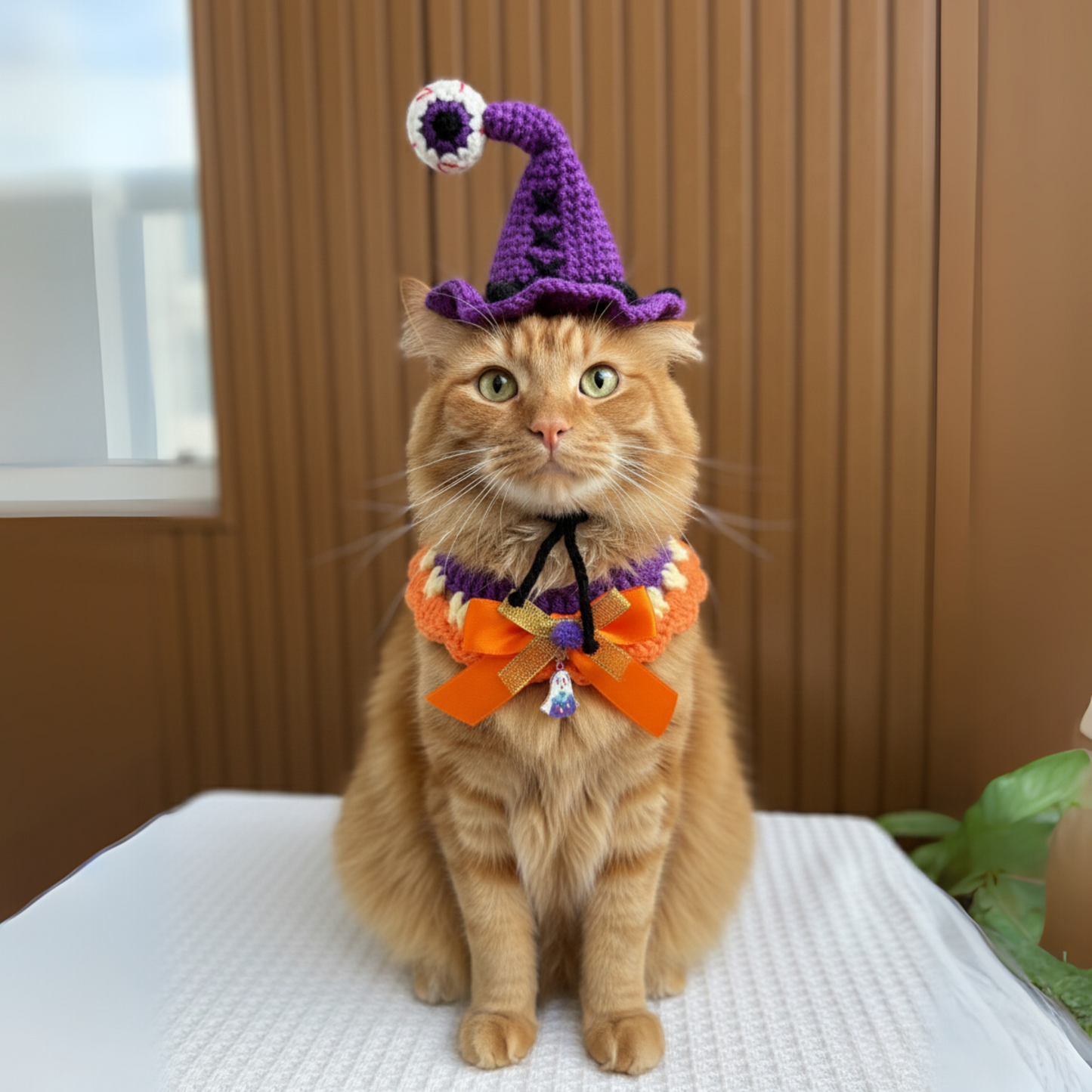 Halloween Pet Costume Set – Handmade Crochet Witch Hat and Collar with Spider Charm, Halloween Dog Cat Outfit Accessories for Party & Dress Up