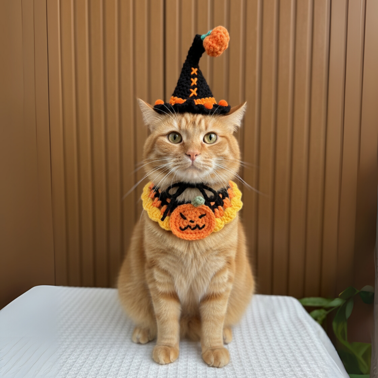 Halloween Pet Costume Set – Handmade Crochet Witch Hat and Collar with Spider Charm, Halloween Dog Cat Outfit Accessories for Party & Dress Up