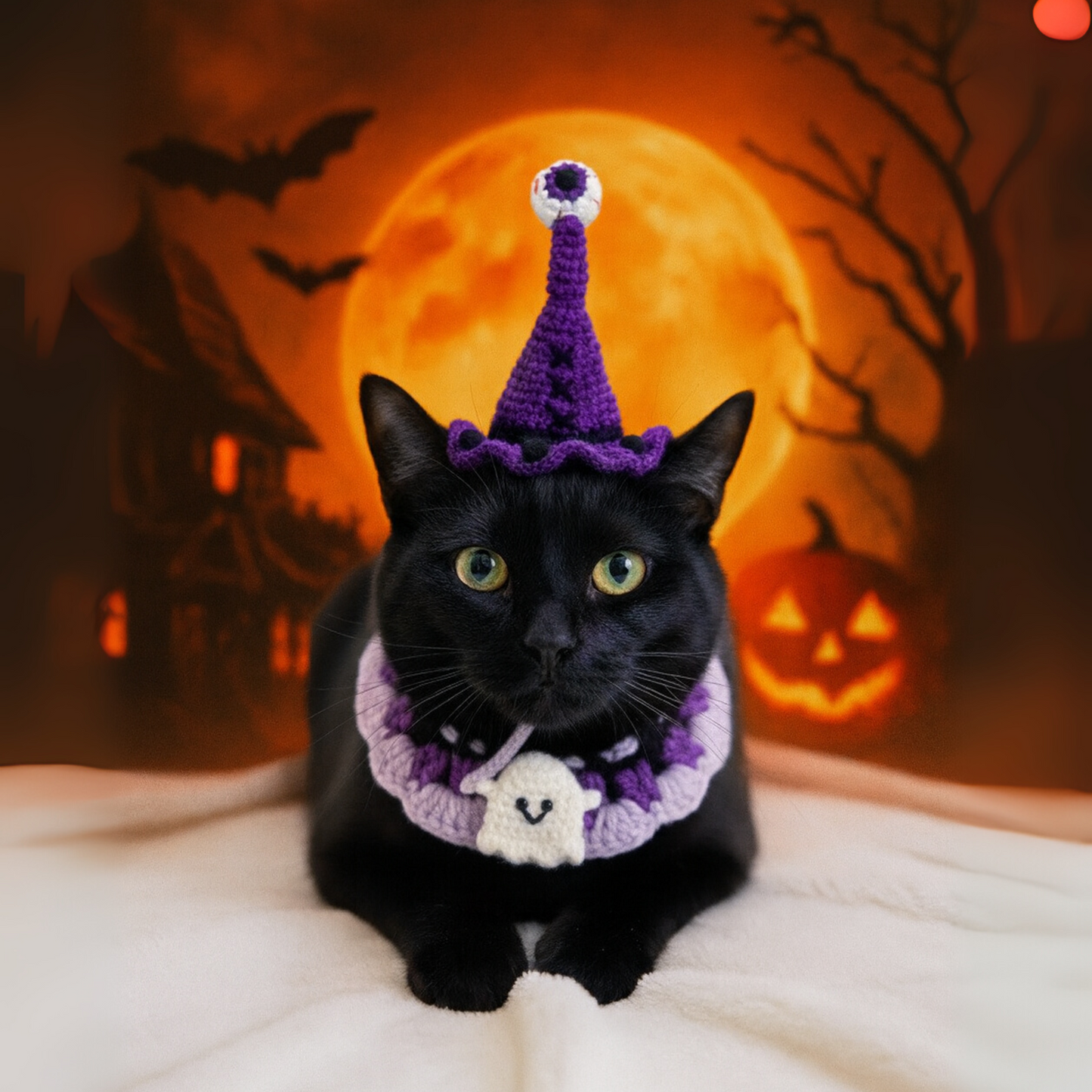 Halloween Pet Costume Set – Handmade Crochet Witch Hat and Collar with Spider Charm, Halloween Dog Cat Outfit Accessories for Party & Dress Up