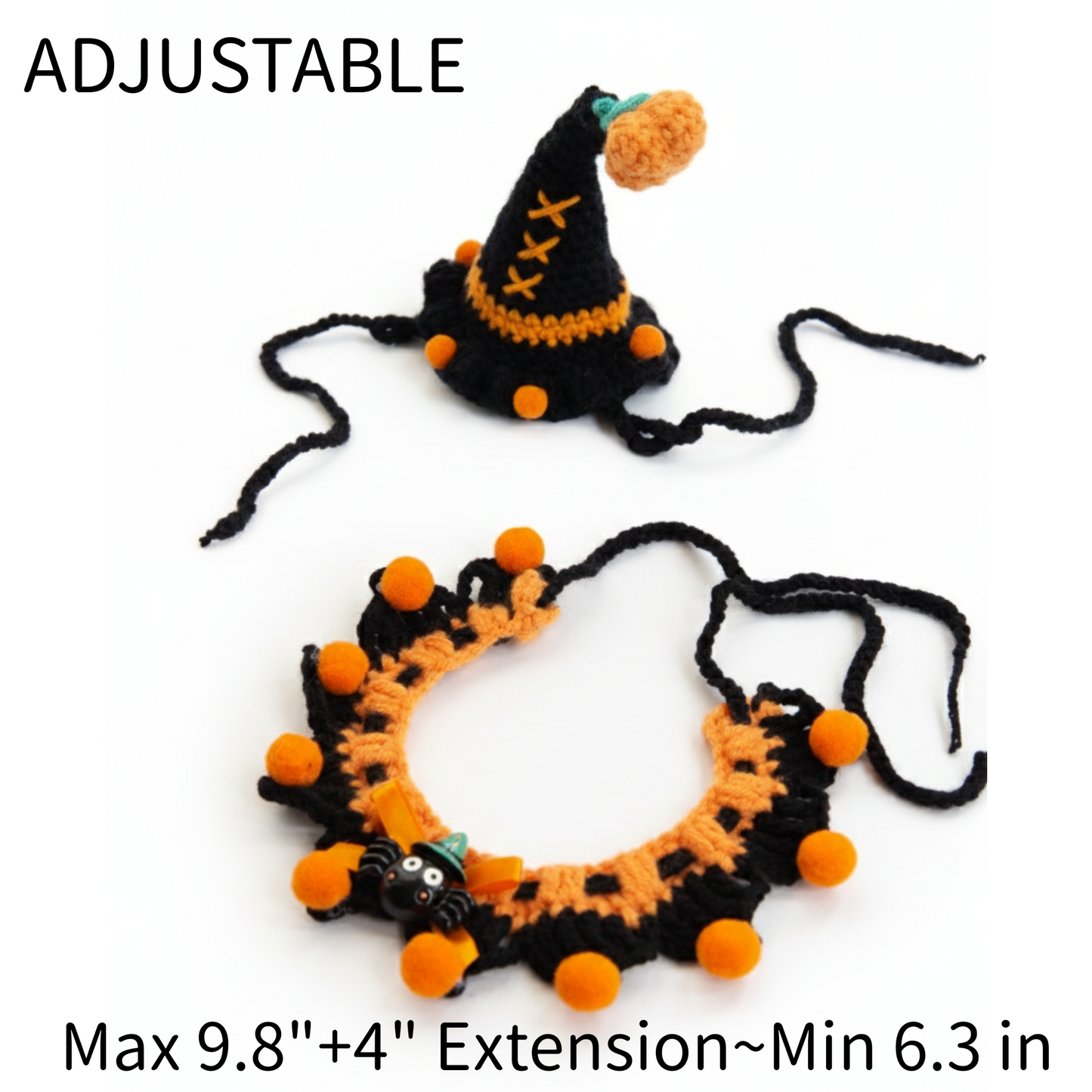 Halloween Pet Costume Set – Handmade Crochet Witch Hat and Collar with Spider Charm, Halloween Dog Cat Outfit Accessories for Party & Dress Up